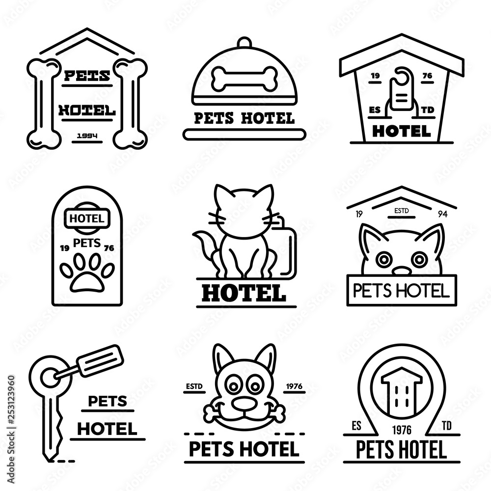 Pets hotel icons set. Outline set of pets hotel vector icons for web design isolated on white background