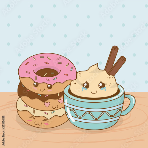 delicious chocolate cup and sweet food kawaii characters