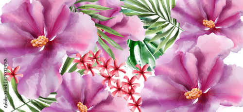 Tropic flowers Vector watercolor. Beautiful exotic background decors