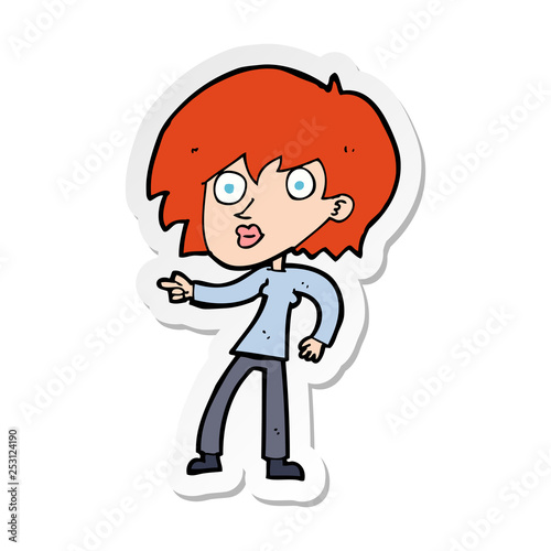 sticker of a cartoon surprised woman pointing