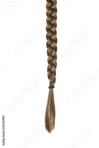 Beautiful long braid on white background. Healthy hair