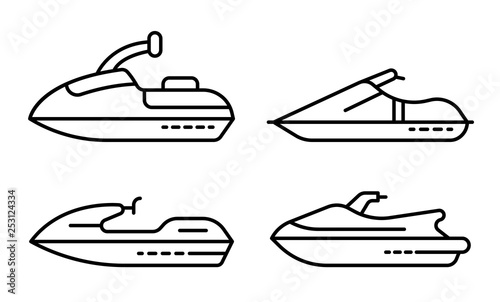 Jet ski icons set. Outline set of jet ski vector icons for web design isolated on white background