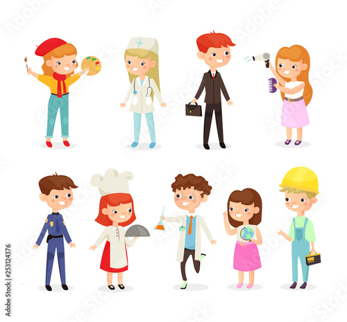 Vector illustration set of young kids boys and girls of different professions. Doctor, builder, cook, policeman and painter, chemist kids in cartoon flat style.