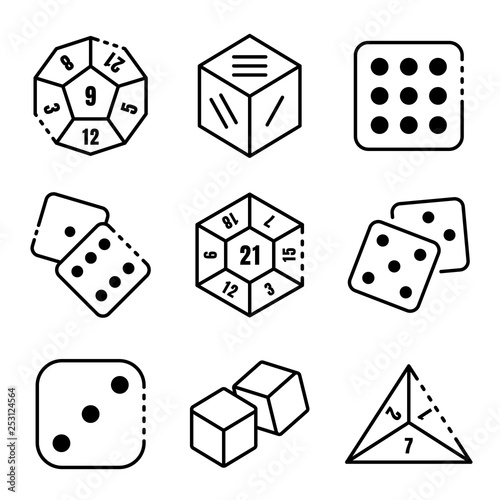 Dice icons set. Outline set of dice vector icons for web design isolated on white background
