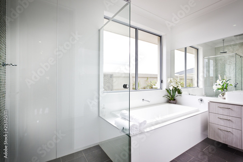 Luxury washroom with white walls and bath tub © JRstock