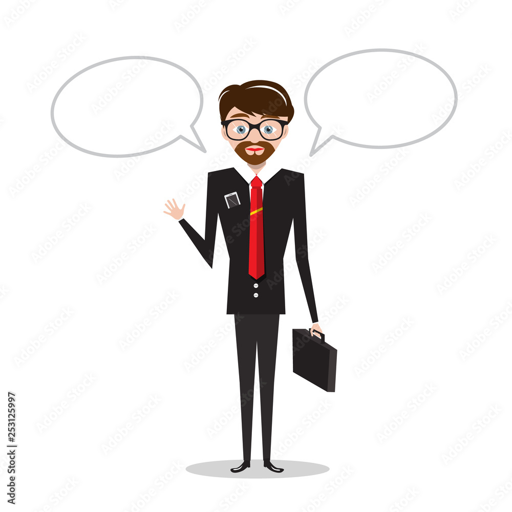 Business Man in Suit with Empty Speech Bubbles and Case Isolated on White Background. Vector Businessman Icon. Business Man in Suit with Empty Speech Bubbles and Case Isolated on White Background. Vector Businessman Icon.