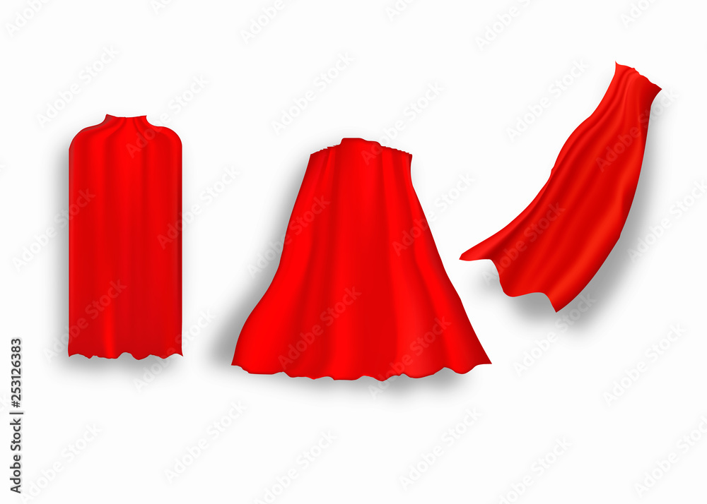 Superhero red cape in different positions, front, side and back view on white background. Superhero red cape in different positions, front, side and back view on white background.