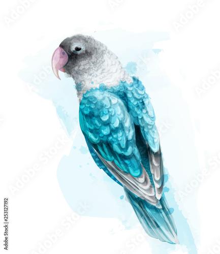 Tropic colorful parrot bird Vector watercolor. Cute bird illustration. blue c...
