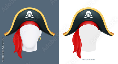 Pirate hat. Corsair headgear. Carnival costume. Caribbean filibuster. Isolated white background. Eps10 vector illustration.