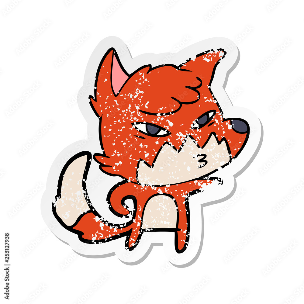 distressed sticker of a clever cartoon fox distressed sticker of a clever cartoon fox