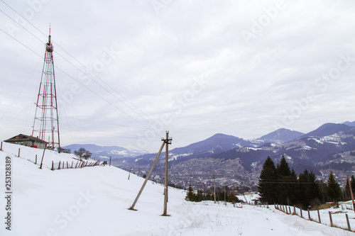 Winter landscape in the Carpathian mountains with gutsul culture.