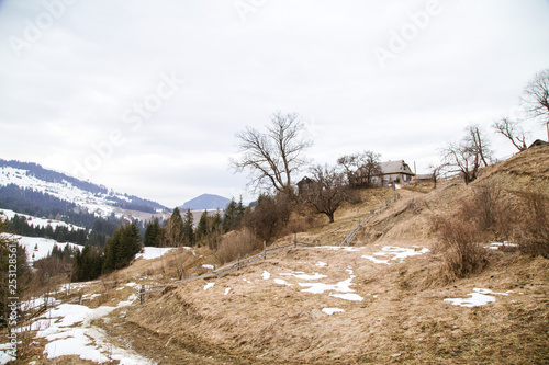 Winter landscape in the Carpathian mountains with gutsul culture.
