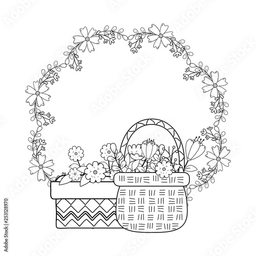 beautiful flowers in pot and basket straw with crown