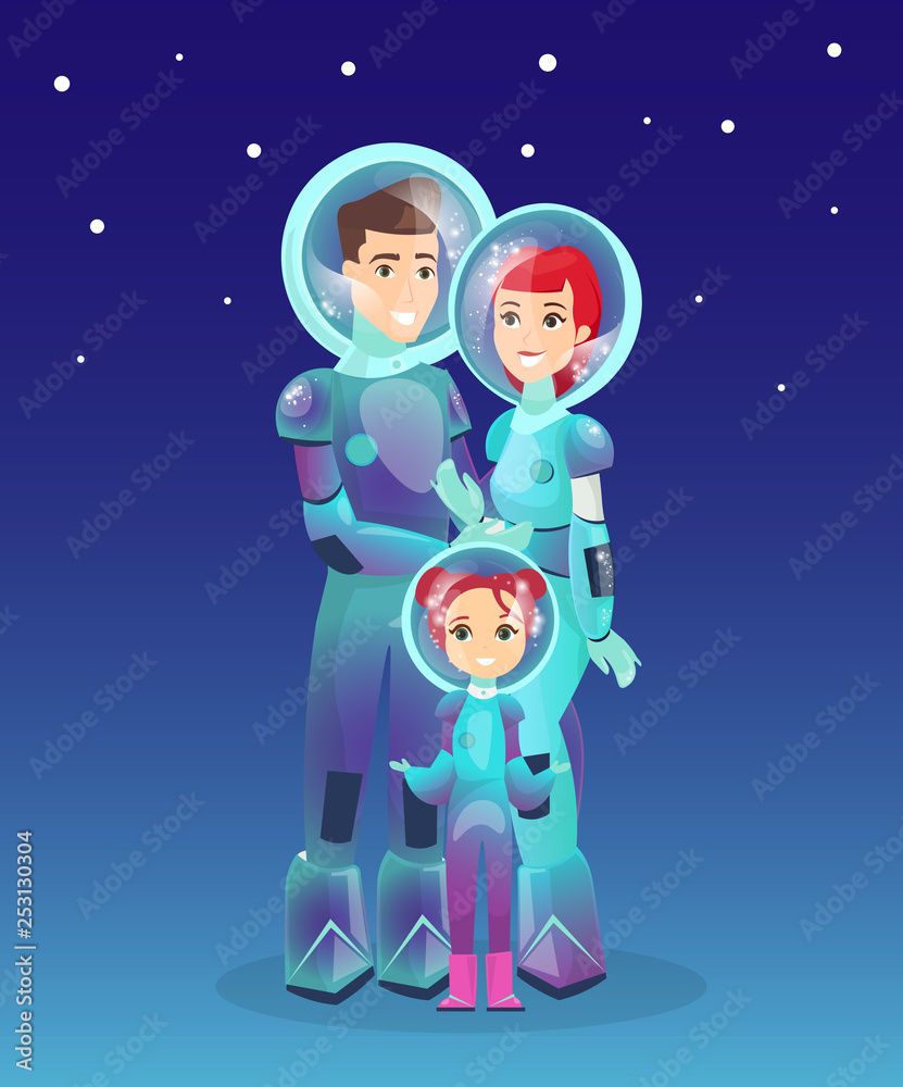 Vector illustration of astronauts family, spaceman, people in spacesuit. Futuristic concept of people. Mars colonization. Woman, man, child in spacesuit on space background with stars. Colony on Vector illustration of astronauts family, spaceman, people in spacesuit. Futuristic concept of people. Mars colonization. Woman, man, child in spacesuit on space background with stars. Colony on