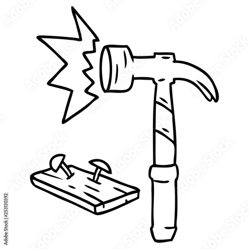 line drawing doodle of a hammer and nails