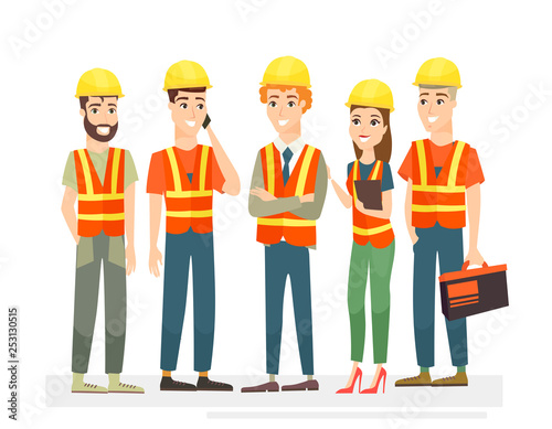 Vector illustration of construction workers team characters. Men and women in uniforms and helmets on white background in cartoon flat style.
