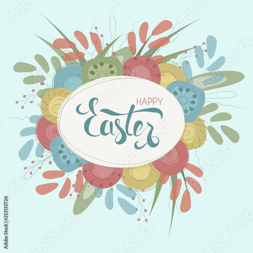 Easter greeting card with spring flowers and hand written text Easter. Vector Eps10