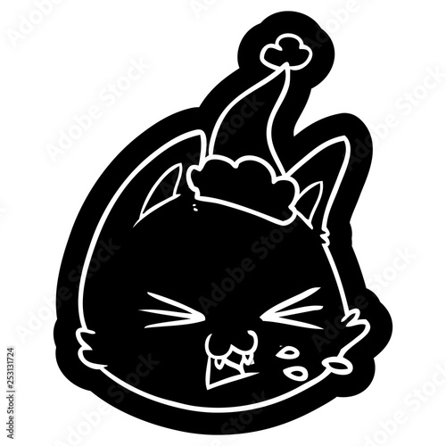 spitting cartoon icon of a cat face wearing santa hat