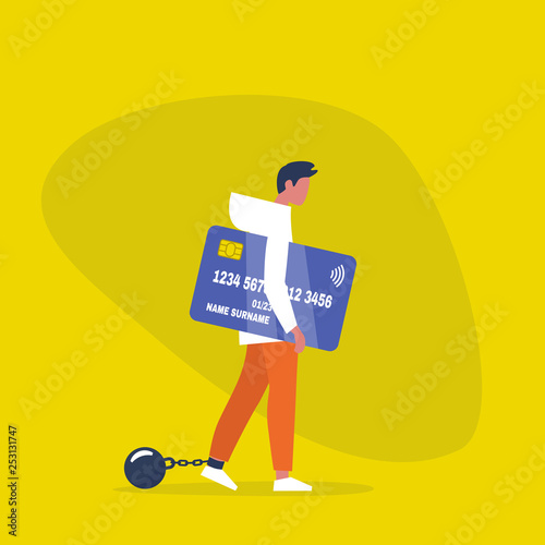 Young exhausted male character wearing the shackles and holding a credit card. Domestic violence. Obligation. Debt. Concept/ flat editable vector illustration, clip art