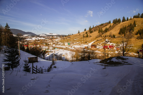 Winter landscape in the Carpathian mountains  with gutsul culture. © Mykhailo