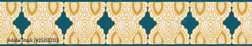 Hand drawn arabesque floral ornament damask illustration. Seamless vector pattern border trim. Traditional persian indian flower drop motif. Decorative stylized shawl fashion, teal mustard home decor.