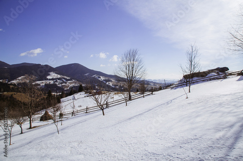 Winter landscape in the Carpathian mountains  with gutsul culture. © Mykhailo
