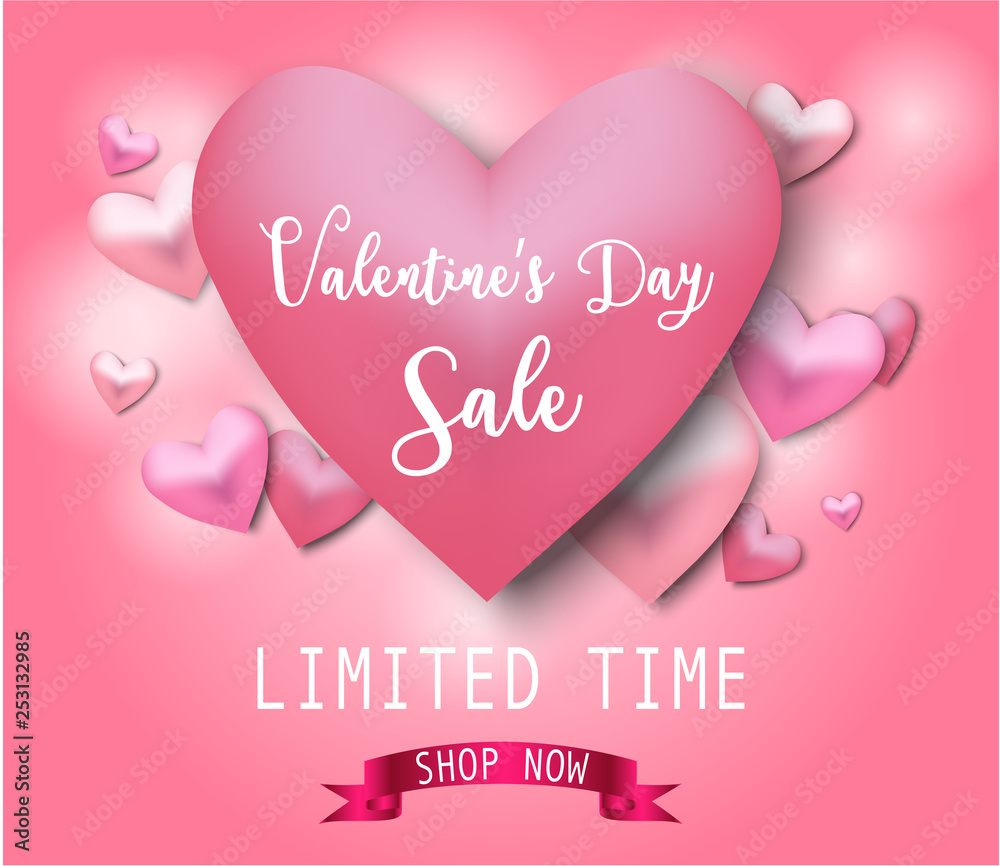 Sale banner design for Valentine's Day. Typographic lettering, pink balloon hearts and confetti vector illustration.