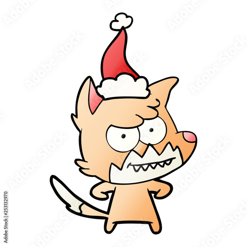 gradient cartoon of a grinning fox wearing santa hat