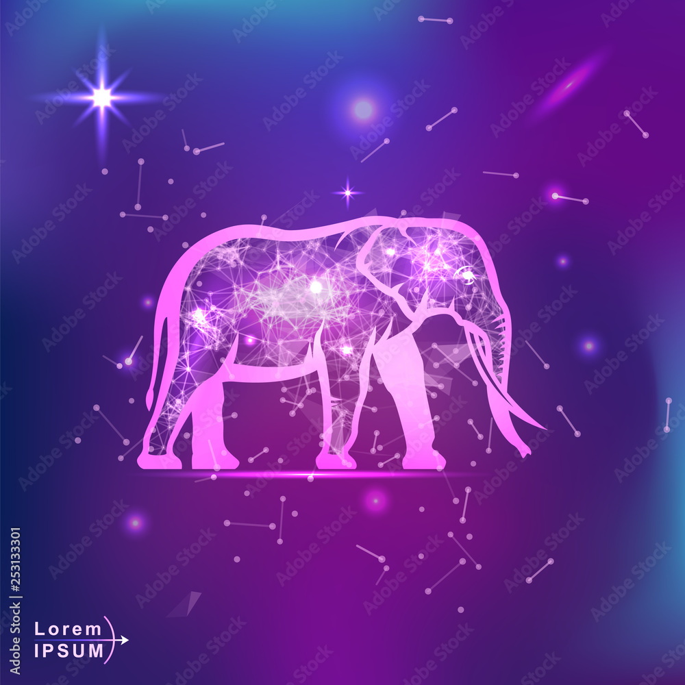 elephant. Polygonal wireframe elephant silhouette on gradient background. Space, futuristic, zodiac concept. Shine neon style vector illustration