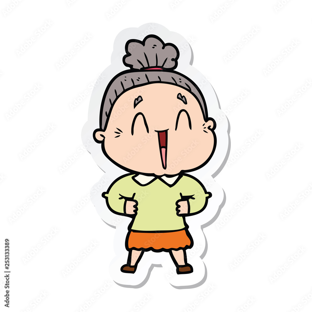 sticker of a cartoon happy old lady