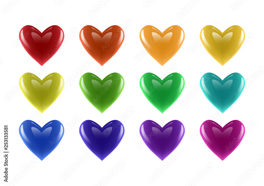 Shiny 3D hearts. Colorful shiny hearts vector illustration set.