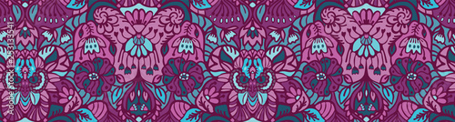 Hand drawn arabesque floral ornament. Border ribbon damask illustration. Seamless vector purple lilac pattern. Baroque roccoco style. Intricate decorative line art edging trim, elegant home decor.