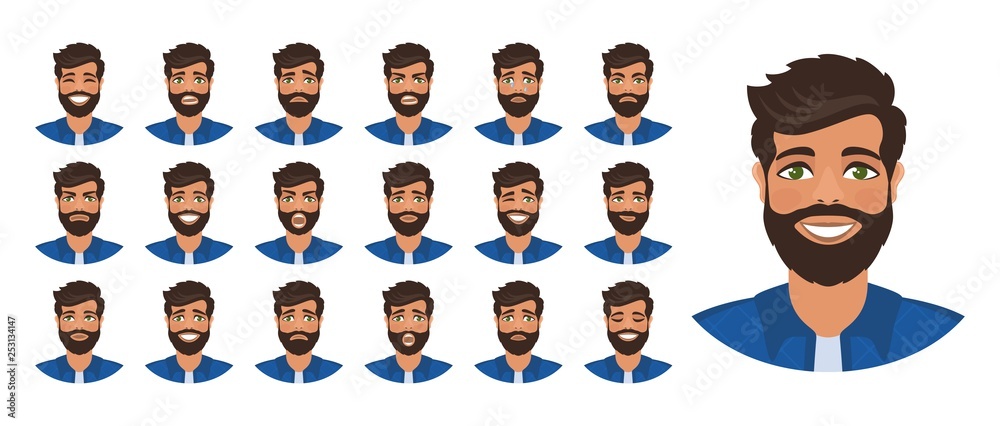 Set of  different male facial emotions. Man with a beard is smiling, crying, laughing, sad, shouting, angry, thinking. Flat cartoon character isolated on a white background. Vector illustration.