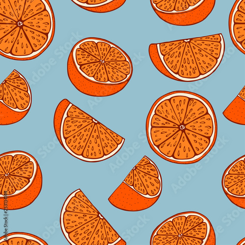 Handdrawn orange seamless pattern on blue background