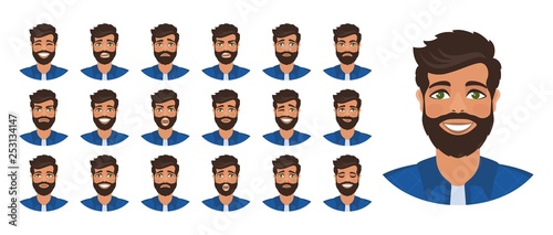 Set of  different male facial emotions. Man with a beard is smiling, crying, laughing, sad, shouting, angry, thinking. Flat cartoon character isolated on a white background. Vector illustration.