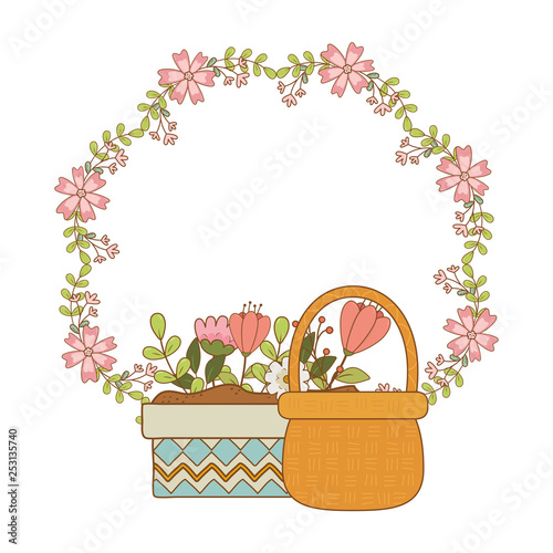 beautiful flowers in pot and basket straw with crown