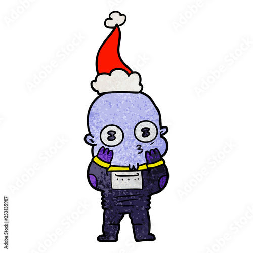 textured cartoon of a weird bald spaceman wearing santa hat