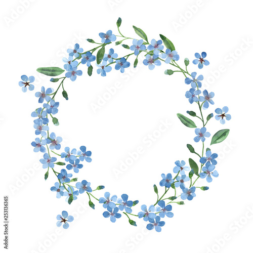 watercolor blue wreath of forget-me-not with green leaves on white background photo