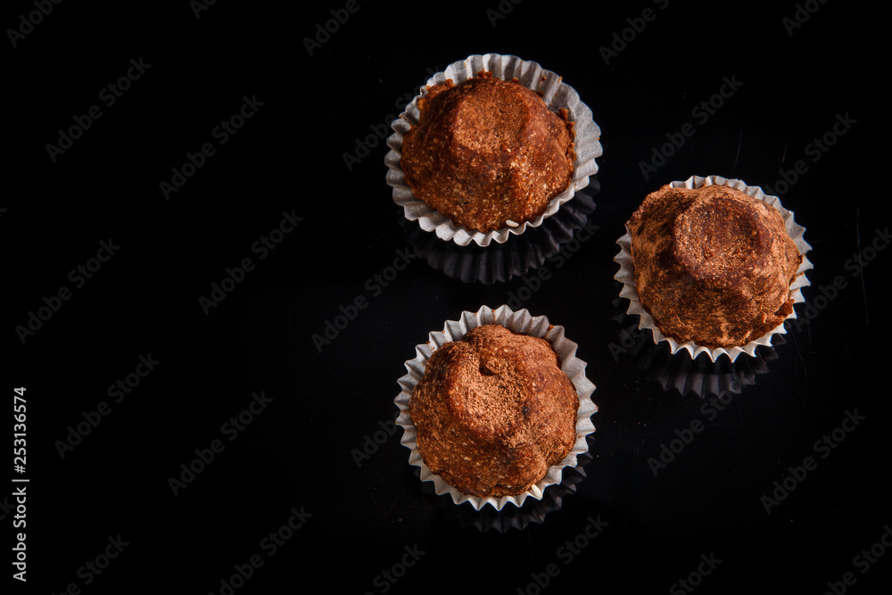 top view three healthy useful organic handmade chocolate candies top view three healthy useful organic handmade chocolate candies