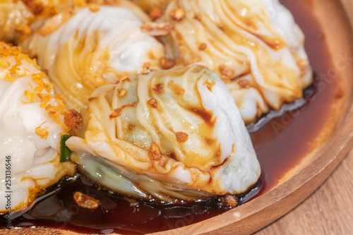 close up of Chives Dumpling or Gui Chai in Thai with sauce