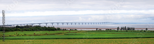 Panorama Photo of the Prince Edward Island Confederation Bridge, North side.  PEI, Canada. Cloudy Day