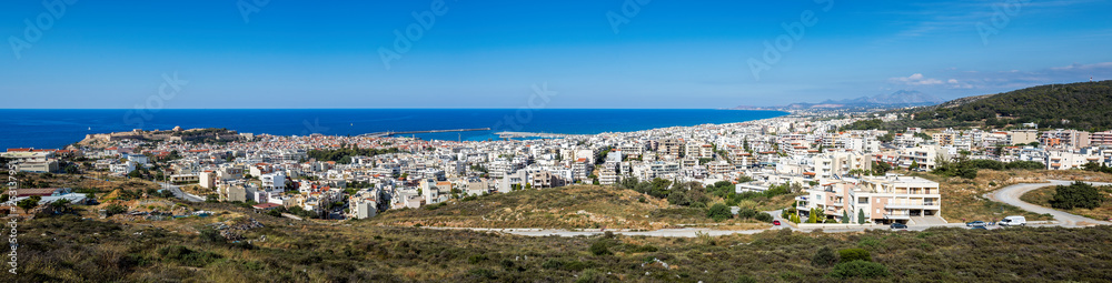 Panoramic view of Rethymnon and its castle and harbour in Crete, Greece