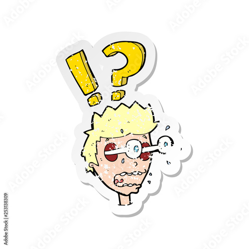 retro distressed sticker of a cartoon startled boy