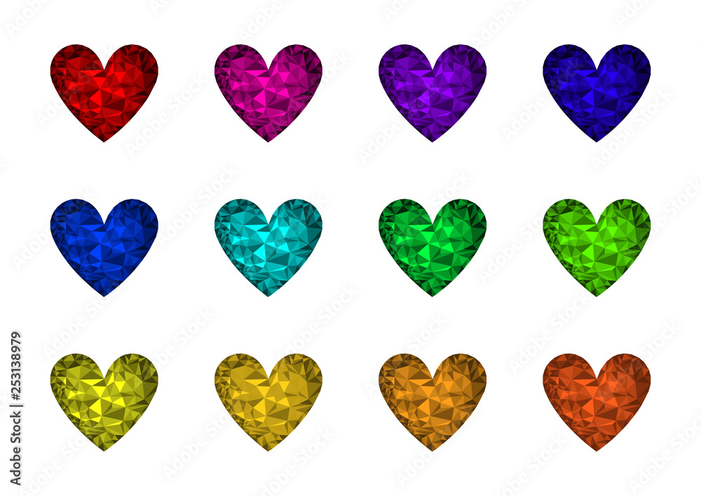 Colorful polygon hearts vector illustration set.