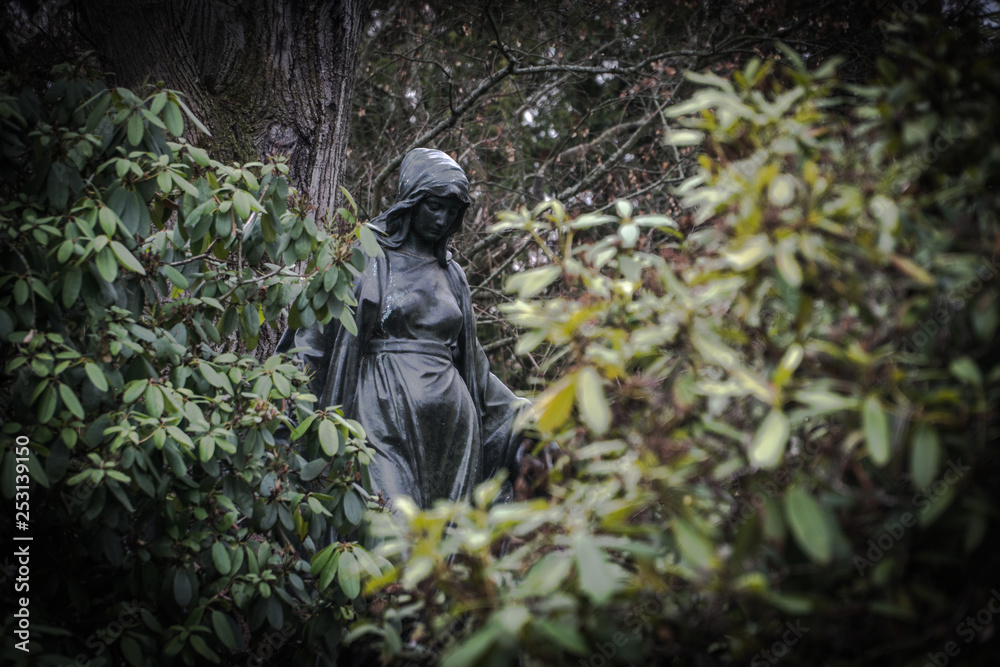 Sculpture Of Virgin Mary Hidden Behind Bushes Sculpture Of Virgin Mary Hidden Behind Bushes
