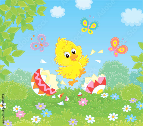 Happy just hatched yellow chick dancing over shells of a colorfully painted Easter egg on green grass among flowers on a sunny spring day  vector illustration in a cartoon style
