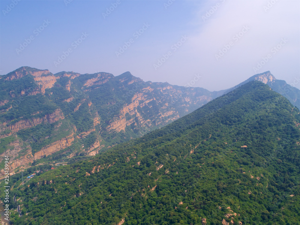 Mountain slope aerial view, landscape of Simatai mountain located in Miyun, Beijing, China. 