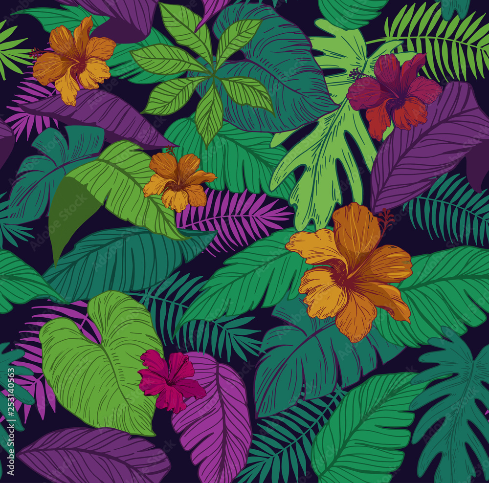 Seamless pattern with tropical leaves and flowers. Vector illustration Seamless pattern with tropical leaves and flowers. Vector illustration
