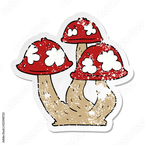 distressed sticker of a cartoon mushrooms