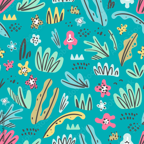 Seamless pattern with plants and flowers. Perfect for kids fabric, textile, nursery wallpaper. Cute background.
